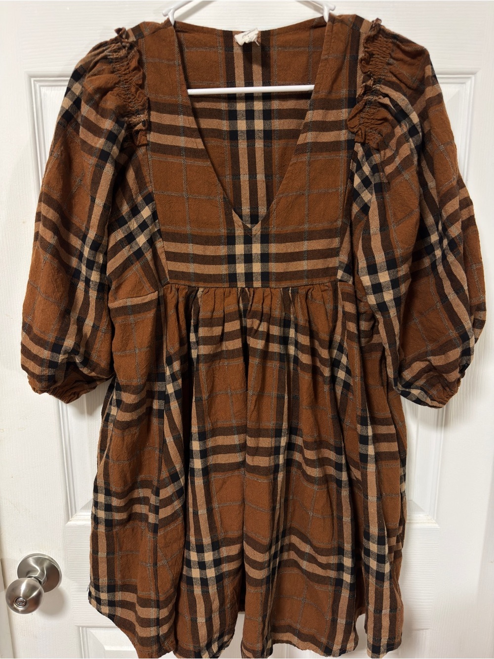 Women’s Plaid V-Neck Puff Sleeve Babydoll Dress